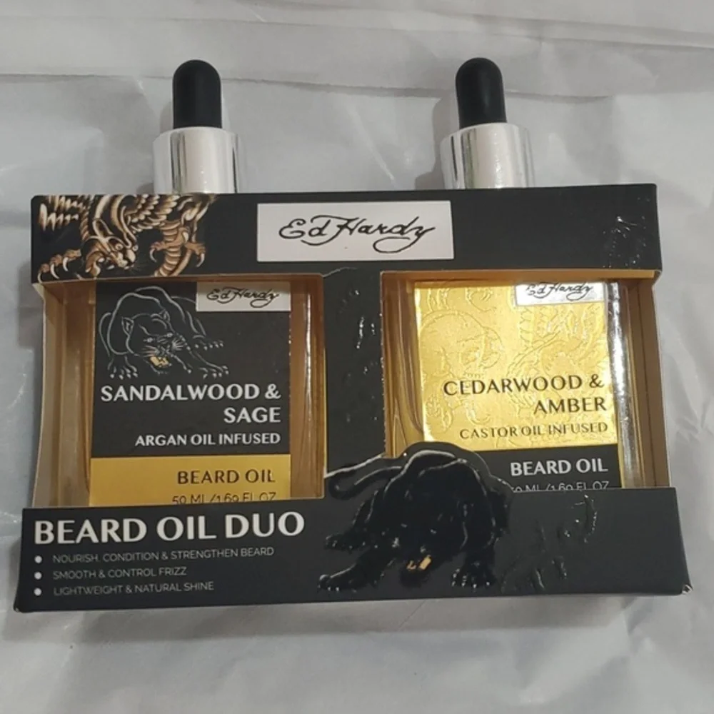 Ed Hardy Sandalwood & Sage Cedarwood‎ & Amber beard oil duo set brand new